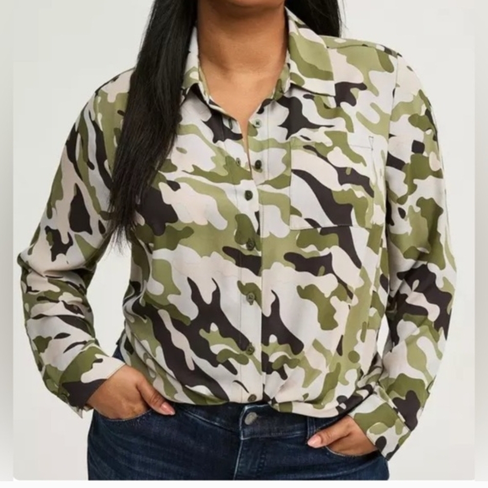 torrid Green & Black Camouflage Button-Down Shirt